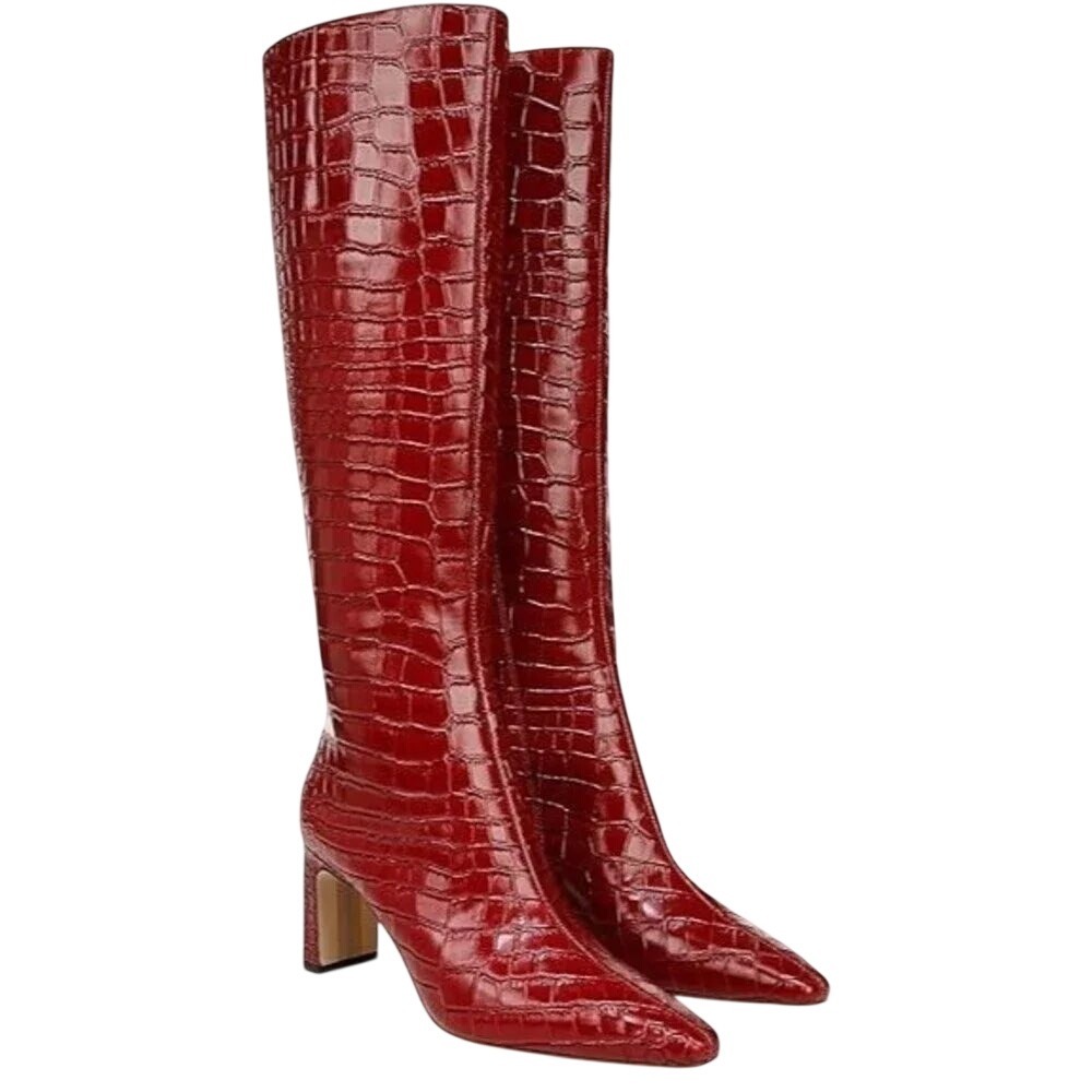 Sam Edelman Sylvia Red Croc Embossed Knee High Boots Wide Calf Block Heel
